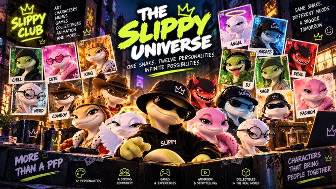 Promotional artwork for 'THE SLIPPY UNIVERSE' NFT collection featuring twelve snake character personalities including Chill, Cute, King, Cowboy, Angel, Badass, Devil, DJ, Sage, and Fashion.