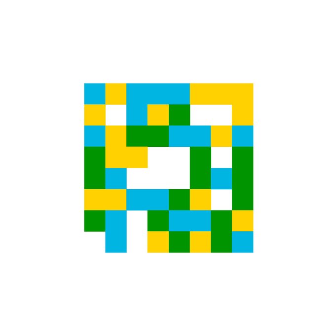 An abstract pixel art design featuring a grid of colored squares in blue, yellow, and green against a white background.