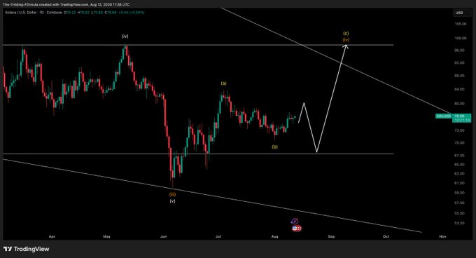 A TradingView candlestick chart of Solana (SOL/USD) on the daily timeframe shows Elliott Wave analysis with labeled waves (a/b/c/d/e) projecting a potential bullish move toward $100, marked by white trendlines and key support around $75. The chart aligns with the poster's view of a preferred bullish Solana scenario, with current price near $79.05 ahead of the anticipated CPI data release.