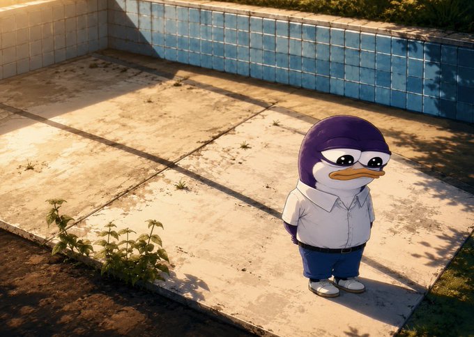 A 3D-rendered cartoon penguin wearing a white shirt and blue pants stands alone on the tiled edge of an empty, sunlit swimming pool with weeds growing in the dirt nearby.