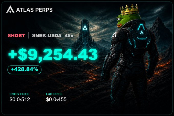 The image features a man dressed as a frog with a crown sitting behind him. The background of the image depicts a dark, rocky landscape with mountains visible through the foggy atmosphere. The caption for the image reads "Being able to long/short SNEK with leverage is something else". This suggests that the post might be related to trading in the cryptocurrency market or discussing the concept of leverage in trading.