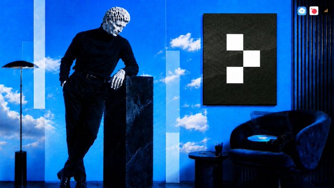 A surreal blue-toned room features a classical statue in a black turtleneck leaning against a marble pillar, with a geometric black-and-white artwork, a modern chair, and turntable visible. The image stylistically accompanies the announcement of Credible Finance's token raise on MetaDAO, evoking a sophisticated, institutional aesthetic that matches the post's breakdown of their $2M–$4M funding round and CRED token supply distribution.