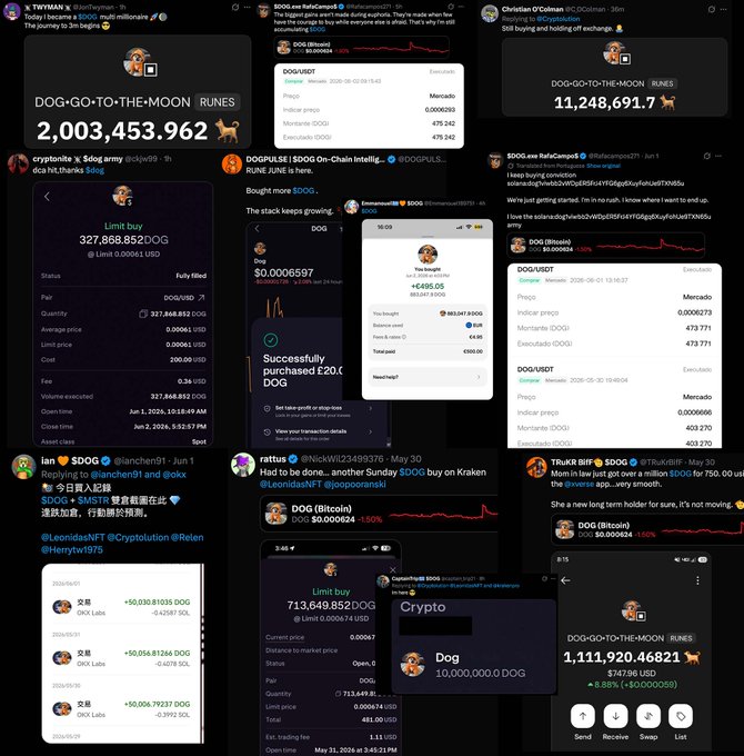 The image shows a collage of various social media posts, including tweets from different people with the hashtag #dogtothemoon. The posts are arranged in a grid format, showcasing a range of topics such as cryptocurrency, dogs, and moon-related events. Some posts contain numbers or monetary information, while others focus on personal experiences or opinions related to these themes. The collage provides a snapshot of current conversations and interests among the users who have shared their thoughts and experiences with the hashtag #dogtothemoon.