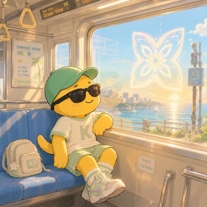 The image features a cartoon character, likely a cat or dog, sitting on a bench inside a train car during sunset. The scene includes a window that offers a view of the ocean at sunset with a butterfly-like design floating above it. The character is wearing sunglasses and has a backpack next to them. The post suggests an interesting idea about combining quantum-resistant security with decentralized computing in the future, which could potentially revolutionize the way we think about privacy and data protection.
