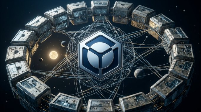 A 3D digital artwork featuring a central silver cube emblem surrounded by a ring of connected metallic blocks floating in a starry cosmic background.