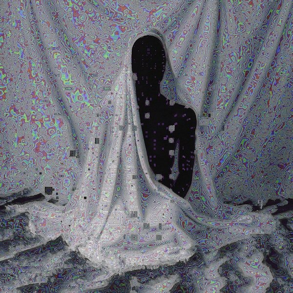 A surreal artwork featuring a draped, ornate silver-toned fabric with iridescent purple and green patterns, forming a portal-like opening into a dark void with floating purple squares.