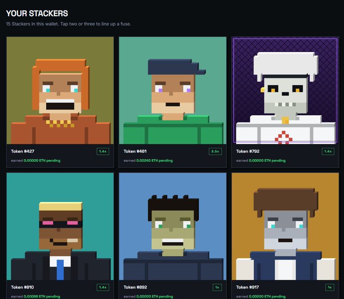 The image displays a crypto wallet interface titled "YOUR STACKERS" showing 15 pixel-art NFT characters from the StackersXYZ collection, with visible token IDs (#427, #461, #792, #210, #892, #917) and multipliers (1.4x, 2.5x, 1.4x, 1.4x, 1x, 1x) alongside pending ETH earnings. The dashboard relates to the post by showcasing the recently activated stacker NFTs that burn $STACK tokens, where users can tap two or three to "fuse" them for stat boosts and to reduce the 3,000 supply.