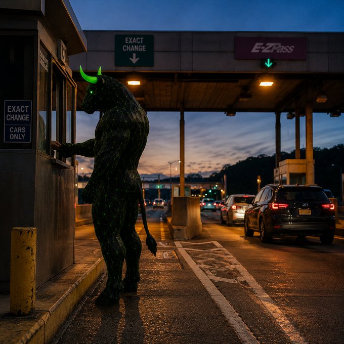 A digital wireframe bull with glowing green horns stands at a toll booth beside "E-ZPass" and "EXACT CHANGE CARS ONLY" signs, paying the fare to enter the highway. The scene symbolizes the post's message about fully committing to the "HyperBull" identity and supporting $HBULL and $ANSEM, with no way to turn back once you've paid the toll.