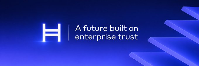 A blue banner displays a stylized white 'H' logo alongside the text 'A future built on enterprise trust', set against a geometric background of angled shapes.