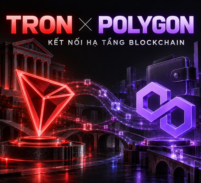 A promotional graphic reading 'TRON × POLYGON' with Vietnamese text 'KẾT NỐI HẠ TẦNG BLOCKCHAIN' shows glowing red and purple blockchain logos.