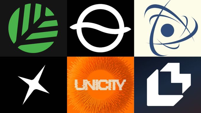 The image features a grid of six logos, each with different colors and shapes. The logos include a white circle with an orange dot, a green leaf, an orange sunburst, a blue arrow pointing downwards, a white "L" shape, and a black square with an orange triangle on it. These logos are arranged in a 2x3 grid within the image.