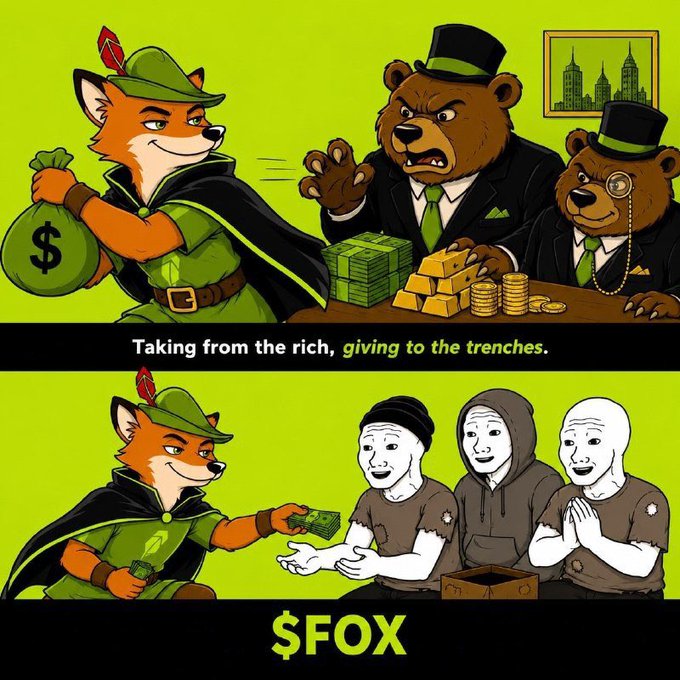 A two-panel cartoon promoting '$FOX' token: the top panel shows the fox character taking a money bag from angry wealthy bears with the text 'Taking from the rich, giving to the trenches.', while the bottom panel shows the fox giving money to grateful homeless people.