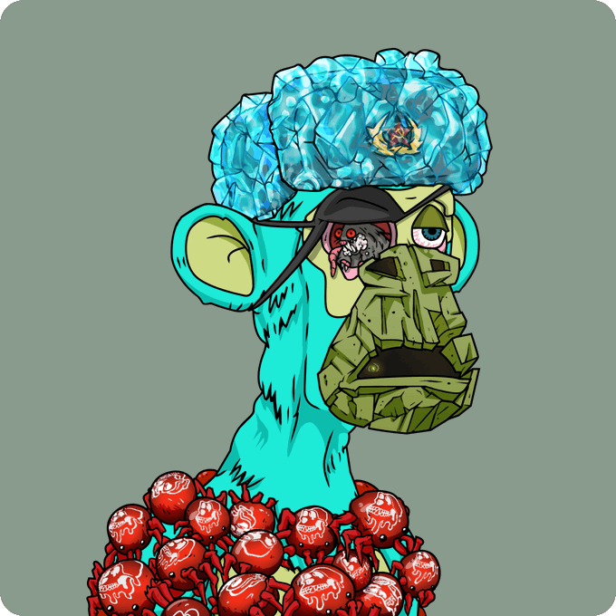 A stylized turquoise mutant monkey NFT character with a cracked crystalline head, one glowing red zombie-like eye, and a green mechanical jaw, surrounded by a cluster of red spiders at its base. The image visually represents the "Mutant #78" NFT referenced in the post, reflecting the "Return to Monke" mutant collection theme.