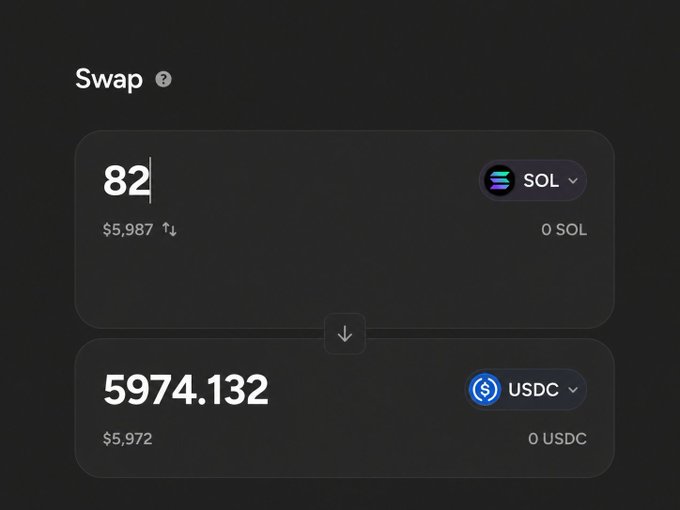 A cryptocurrency swap interface showing 82 SOL worth $5,987 converting to 5974.132 USDC worth $5,972.