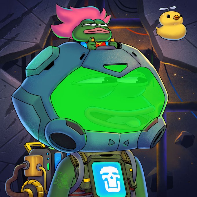 A cartoon Pepe with pink hair sits atop a massive, muscular green-suited mech inside a spaceship, accompanied by a floating rubber duck in the upper right corner. The image playfully celebrates a milestone achievement, welcoming "Bdizzle @brussell78" as the 18th collector to cross the threshold of holding 100 Pepes (1% of the supply).