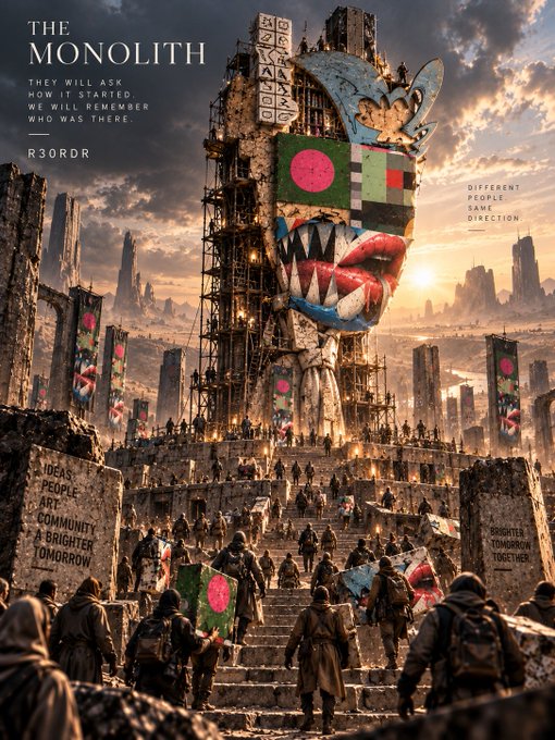 A dark, dystopian digital artwork titled 'THE MONOLITH' by R3ORR, depicting a large, ruined, graffiti-covered structure with crowds of people climbing stairs toward it.