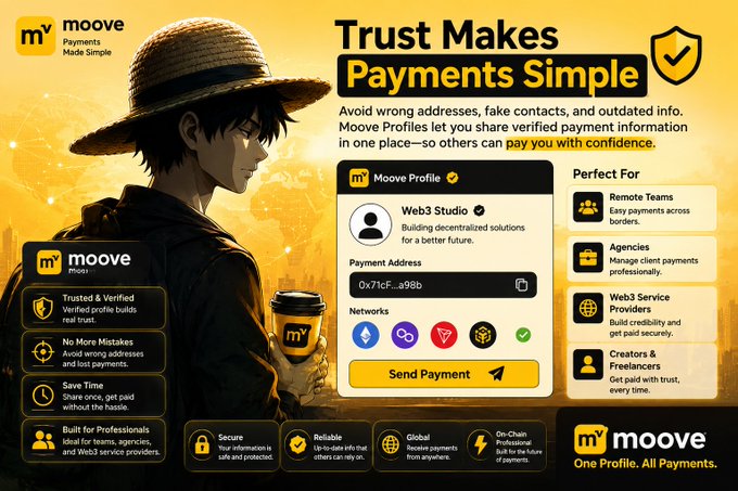 A promotional banner for 'moove' featuring an anime character in a straw hat, advertising 'Trust Makes Payments Simple' with a profile for 'Web3 Studio' and features like 'Trusted & Verified', 'No More Mistakes', and 'Save Time'.