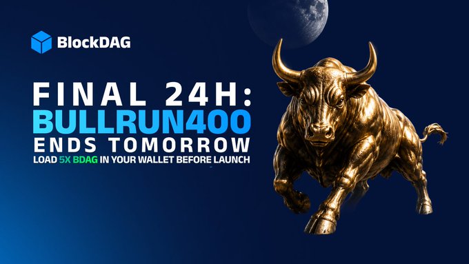 Promotional graphic for BlockDAG featuring a golden bull statue against a dark blue background with a moon, headlined "FINAL 24H: BULLRUN400 ENDS TOMORROW" and the call-to-action "LOAD 5X BDAG IN YOUR WALLET BEFORE LAUNCH," directly tying the visual to the urgency of the final day of the "BULLRUN400" presale offering 400% extra BDAG and a 5X allocation boost before global launch.