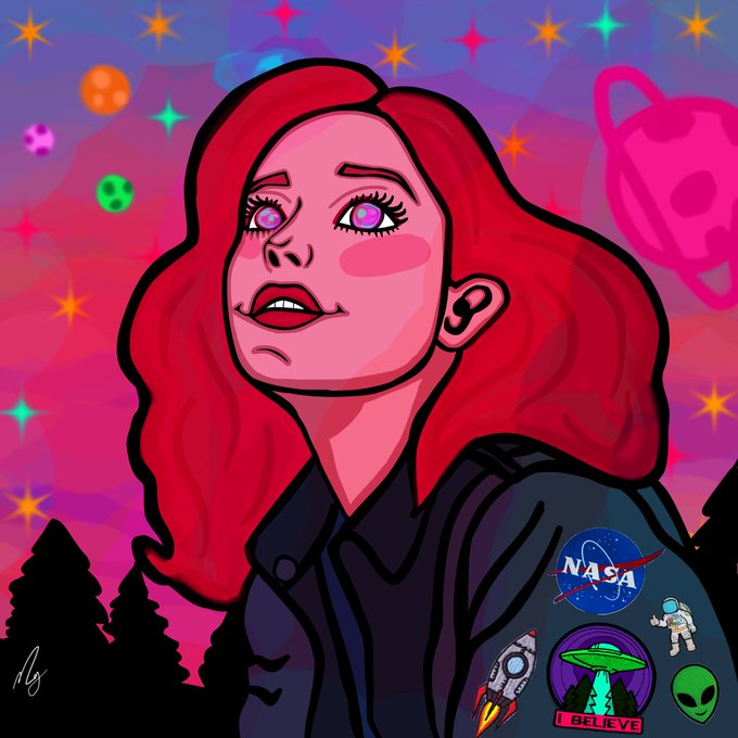 A stylized digital illustration of a red-haired woman gazing upward at a cosmic sky filled with stars, planets, and tiny UFOs, wearing a dark jacket adorned with space-themed patches including the NASA logo, a rocket, a UFO labeled "I BELIEVE," an astronaut, and an alien. The dreamy, otherworldly scene with her upward gaze reflects the post's wistful goodnight message and anticipation of "new opportunities" waiting beyond the horizon.