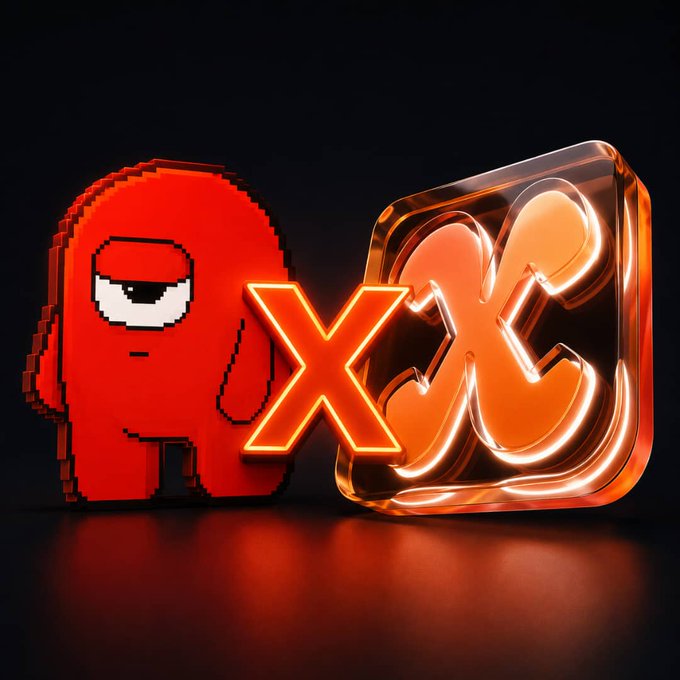 The image features a red pixelated character standing next to an orange neon sign that reads "X". The characters are positioned against a black background, making them stand out prominently. The text "We're proud to announce our collaboration with @Gloombles Launching on ETH More details dropping on our Discord." is also present in the image. This suggests that there might be an event or promotion related to the characters and neon sign, possibly involving a gaming convention or release of a new game.