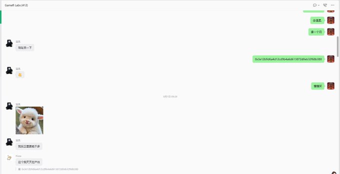 A Chinese-language group chat titled "GameFi Labs (#12)" showing conversation about a cryptocurrency, including a wallet address (0x3e12b9d6a4d12cd9b4a6d613872d0eb32f68b380) and an image of a lamb, with messages discussing price increases from 0.08 to 0.12.