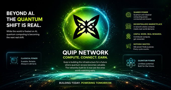 A promotional graphic for 'QUIP NETWORK' featuring a green glowing butterfly logo, with the tagline 'BEYOND AI. THE QUANTUM SHIFT IS REAL.' and features listed including Shared Power, Decentralized Marketplace, and Quantum Power.