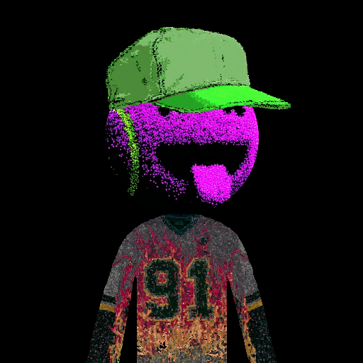 A pixelated, colorful illustration depicts a purple smiley face wearing a green cap above a flame-patterned jersey with the number 91.