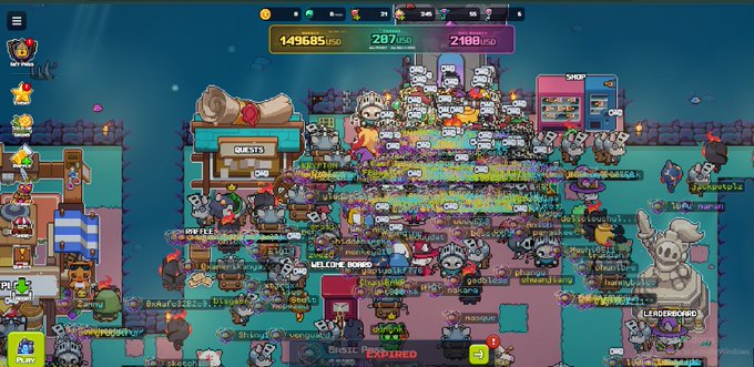 A chaotic screenshot from a pixel-art online game showing numerous player characters crowded together with lots of floating chat text.