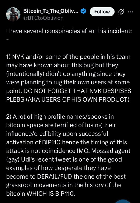 A Twitter/X post from 'Bitcoin_To_The_Oblivion' (@BTCtoOblivion) listing several conspiracy theories involving NVK, BIP110, and 'Mossad agent' Udi, making claims about a Bitcoin-related attack.