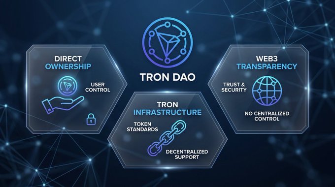 An infographic for 'TRON DAO' outlining 'Direct Ownership', 'Web3 Transparency', and 'TRON Infrastructure' with related icons.