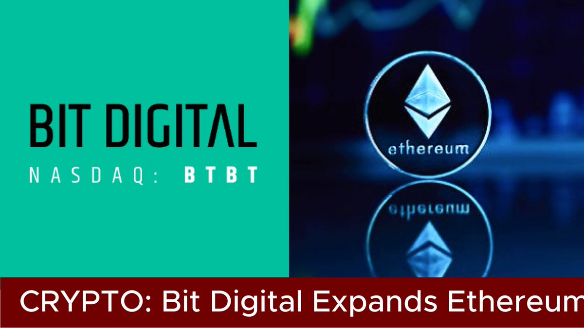 In the image, there is a logo for Bit Digital that has both blue and green colors. The background of the image appears to be a light blue color, while the logo is in white with a unique blue coloration featuring a diamond shape within a circle. Below this logo, an overlay indicates that Bitcoin digital assets expand Ethereum as shown by the cryptocurrency symbol 'ETHEREUM'.