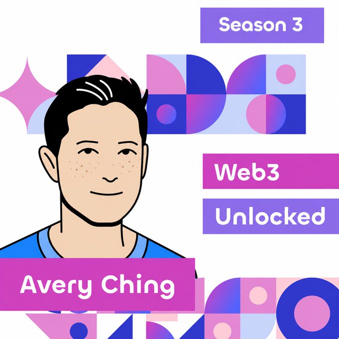 A stylized cartoon illustration of Avery Ching, Co-Founder & CTO of Aptos, featured on a promotional graphic for "Web3 Unlocked" podcast Season 3, with the name "Avery Ching" displayed on a pink banner alongside the episode's text in a purple "Season 3" label. The geometric pink and blue background and design align with the podcast's branding for the new episode.