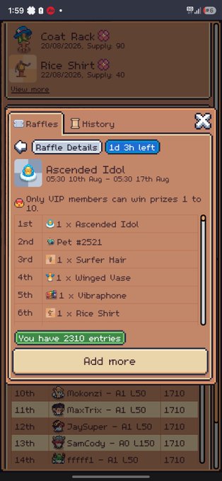 A mobile game interface showing a raffle for an 'Ascended Idol' with 2310 entries, featuring prizes like Pet #2521, Surfer Hair, Winged Vase, and a Rice Shirt.