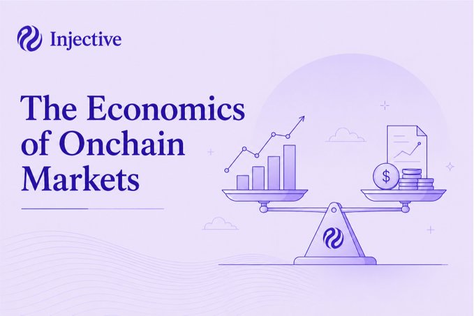 A purple-themed promotional graphic for 'Injective' titled 'The Economics of Onchain Markets' features an illustration of a scale balancing bar charts on one side and coins with a document on the other.