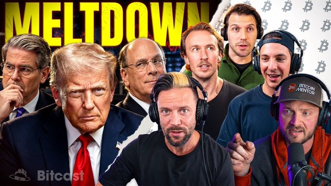 A YouTube thumbnail titled 'MELTDOWN' from Bitcast featuring a collage of crypto commentators and politicians including Donald Trump and Larry Fink.