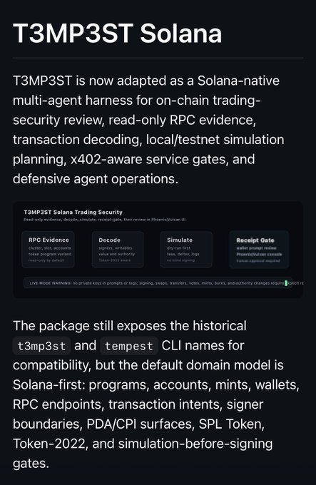 A documentation page for 'T3MP3ST Solana' describing a Solana-native multi-agent harness for on-chain trading-security review, featuring modules for RPC Evidence, Decode, Simulate, and Receipt Gate, with a warning about live mode being read-only.