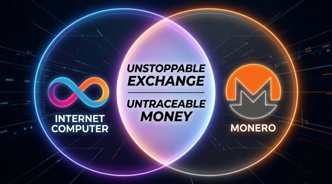The image displays three glowing circular logos: the Internet Computer (ICP) infinity symbol on the left, the text "UNSTOPPABLE EXCHANGE" and "UNTRACEABLE MONEY" in the center, and the Monero (XMR) "M" logo on the right. This visually reinforces the post's call for an "unstoppable exchange with untraceable money" by highlighting the convergence of ICP's decentralized exchange infrastructure with Monero's privacy-focused cryptocurrency.