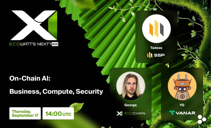 A promotional graphic for an 'EcoWatts Next #26' event titled 'On-Chain AI: Business, Compute, Security' scheduled for Thursday, September 17 at 14:00 UTC, featuring speakers Tadeas, George, and YG from SSP and Vanar.