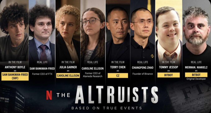 A Netflix promotional image for 'The Altruists' shows the cast alongside the real-life figures they portray, including Sam Bankman-Fried (SBF), Caroline Ellison, Changpeng Zhao (CZ), and Tommy Jessop.
