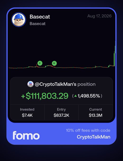 The image shows a Fomo app card displaying "@CryptoTalkMan's position" in Basecat (BASECAT) with a profit of +$111,803.29 (1,498.55%), growing from $7.4K invested to a current value of $13.3M. This aligns with the post's message highlighting the massive gains of another member from their crypto "clan" on $BASECAT, reinforcing the call to "pay attention or get left behind."