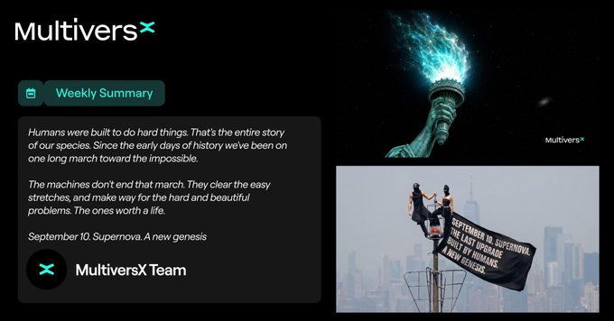 A MultiversX weekly summary highlights the September 10 Supernova upgrade alongside messages from "MultiversX Team," featuring an image of the Statue of Liberty's torch transformed into a futuristic blue flame and protesters on a rooftop holding a "September 10 Supernova" banner against a city skyline.