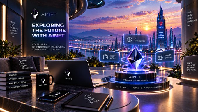A futuristic promotional banner for 'AINFT' reading 'EXPLORING THE FUTURE WITH AINFT' and 'ACCESSIBLE AI DECENTRALIZED INNOVATION A BRIGHTER TOMORROW', set against a sci-fi cityscape at sunset with an Ethereum logo on a glowing pedestal.