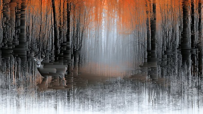 A stylized digital artwork shows a deer standing in a misty forest, where the trees and ground appear to glitch into vertical black-and-white streaks beneath an orange sky.