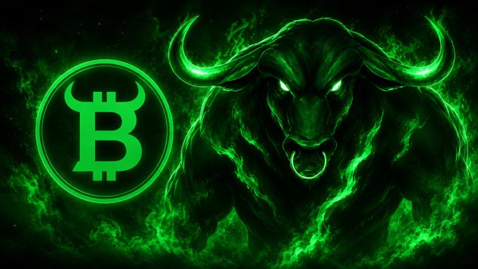 A stylized graphic featuring a glowing green bull engulfed in flames next to the Bitcoin symbol within a circle, symbolizing bullish cryptocurrency momentum.