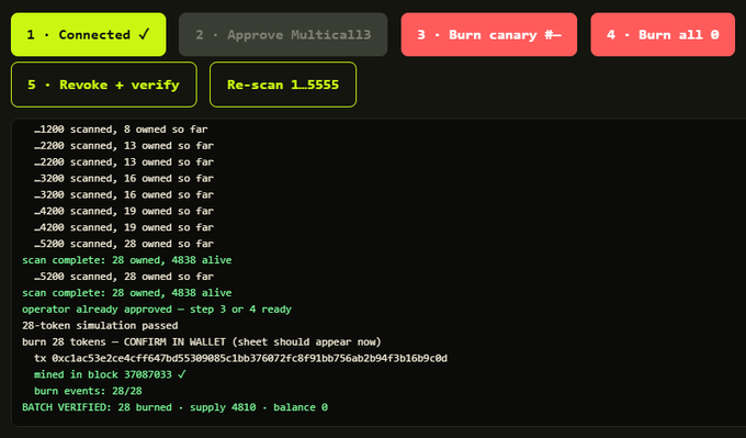 A screenshot of a terminal interface showing blockchain transaction steps, including '1 - Connected', '2 - Approve Multicall3', 'Burn 28 tokens', and confirmation of 'BATCH VERIFIED: 28 burned'.