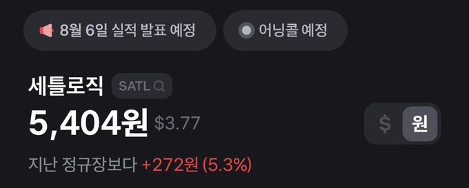 A financial widget shows SATL (세틀로직) priced at 5,404원 ($3.77), up 272원 (5.3%) from the previous regular session close on August 6, though the post questions why the stock appears to be struggling.