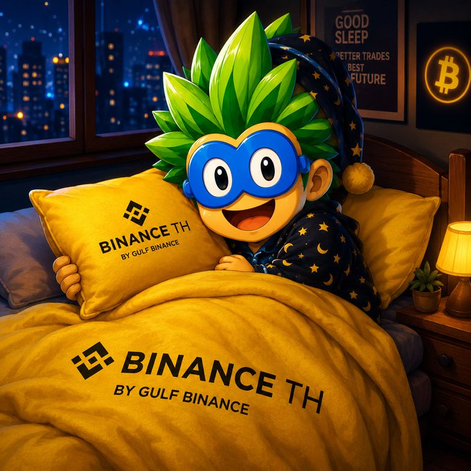A cartoon character with green spiky hair and blue glasses sleeps in bed under a yellow 'BINANCE TH BY GULF BINANCE' blanket, with 'GOOD SLEEP' and Bitcoin-themed wall art in the background.