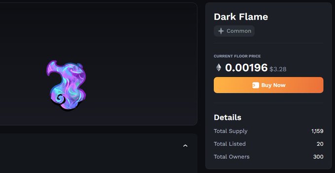 The image shows a screen displaying the "Dark Flame", which is a digital item, along with details of its purchase. The screen also contains a summary table containing information about the item's price and a Buy Now button. There are several text elements on the screen such as "Dark Flame" and "buy now". These details link to a post titled "There should be a bounty board quest about devolving @AxieInfinity @Ronin_Network". This suggests that there might be some sort of game or contest related to this digital item, possibly involving the item or its purchase.