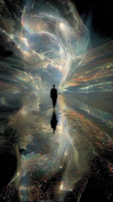 A lone figure walks across a reflective surface beneath swirling, luminous cosmic formations, evoking the vast energy and mystery of the cosmos. The image visually captures the boundless, radiant power implied by "Cosmos Energy."