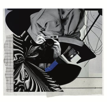 The image is a striking black and white collage featuring a person holding a camera, intertwined with abstract swirling patterns and geometric elements, reflecting the artistic and photographic themes of the mentioned works "What the Camera Couldn't Keep" and "Dream Away With Me." The composition evokes the fragmented, layered storytelling of photography and art, aligning with the post's gratitude toward the collector.